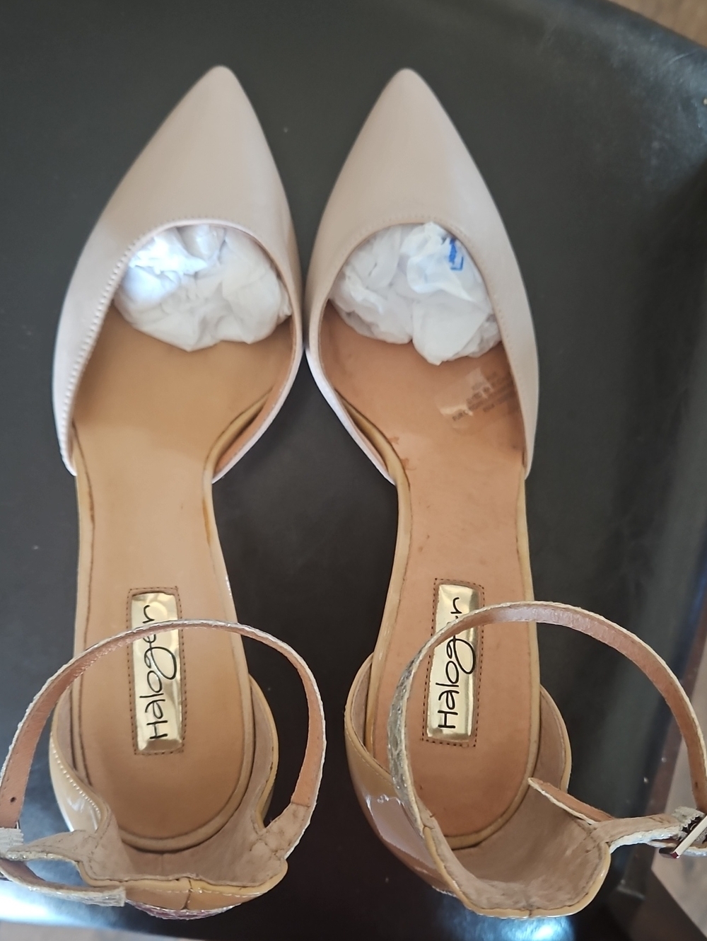 Halogen Beige Pointed D'Orsay Flats with Ankle Strap